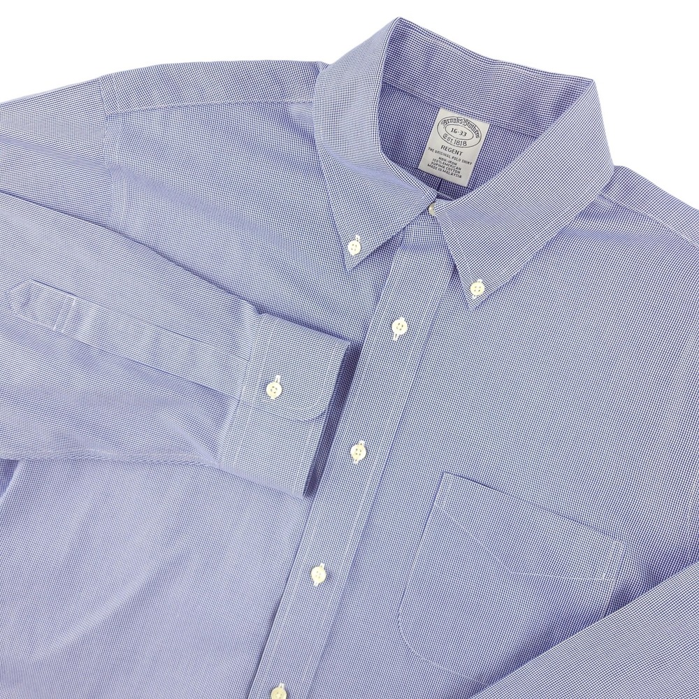 Brooks Brothers Dress Shirt Mens 16 33 Blue Check Regent Non Iron Supima Cotton